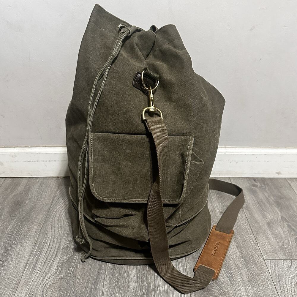 Protocol Vintage Military Style Canvas Portage Duffel Backpack Khaki Green Lined